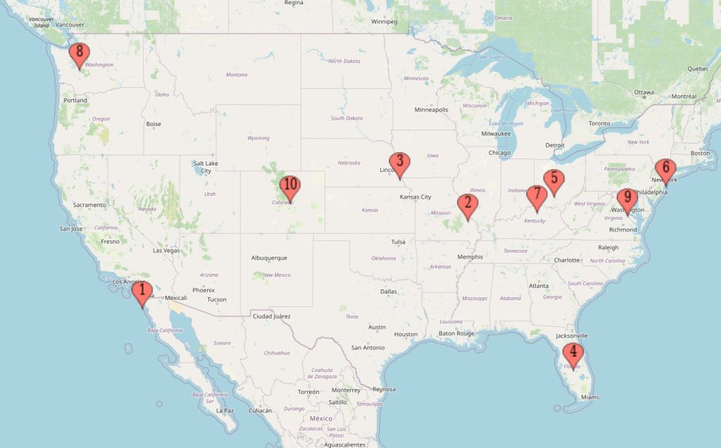 Map of the 10 Best Zoos in the US